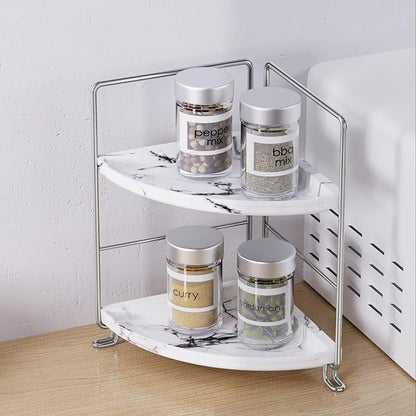 JANUS LiANG 2-Tier Corner Bathroom Organizer, Countertop Perfume Makeup Shelf Cosmetics Storage Shelf Display Rack Vanity Shelf,Kitchen Spice Rack,PP Imitation Marble Design,Tool-Less Install(Silver)