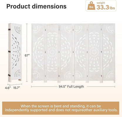 66.9Inch Wooden Room Partition - 6 Panels Boho-Styled Space Room Divider for Home/Office, Headboard & Yoga/Photo/Video Call Backdrop (White)