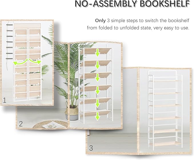 4NM No Assembly 6 Tiers Folding Bookshelf Storage Shelves Vintage Bookcase Standing Racks Study Organizer Home Office (Natural White)