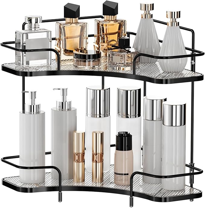 Seoneiro 2 Tier Corner Bathroom Counter Organizer, Cosmetic Skincare Organizer, Bathroom Countertop Perfume Tray Vanity Organizer, Kitchen Spice Corner Storage Shelf