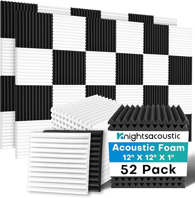 52 Pack Acoustic Foam Panels, 1 X 12 X 12 Inches Sound Proof Foam Panels for Walls, High Density Acoustic Panels Sound Absorbing, Black White Noise Cancelling Studio Wedges (NOT INCLUDE ADHESIVE)
