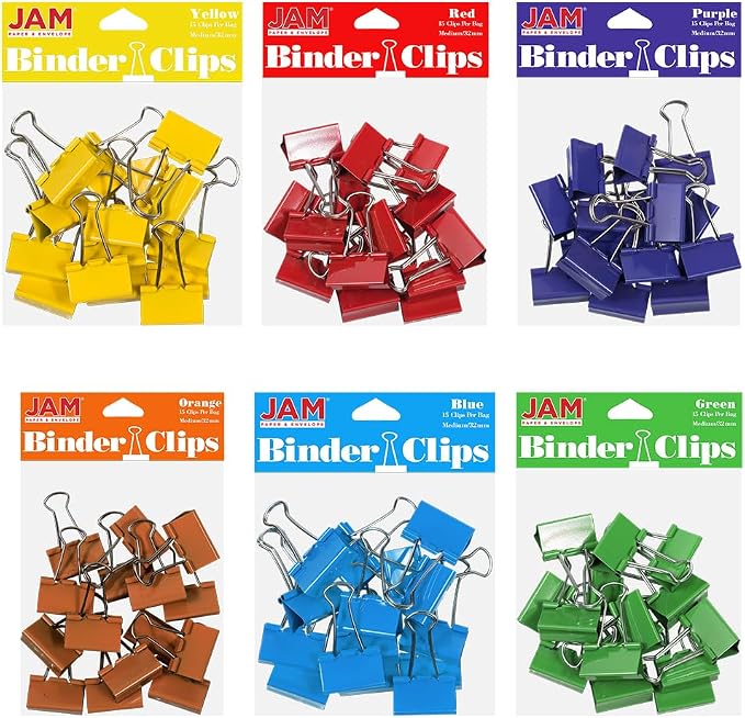 JAM PAPER Colorful Binder Clips Assortment - Medium - 1 1/4 Inch (32 mm) - Assorted Rainbow Colors - 90 Binderclips/Pack