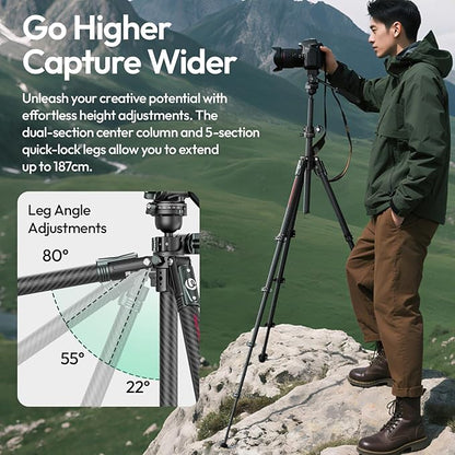 Ulanzi JJ06 Professional Camera Tripod Stand with Dual 360° Fluid Head, Dual Center Column, Ball Head, Quick Release Plate, Compatible with Arca for DSLR, Video