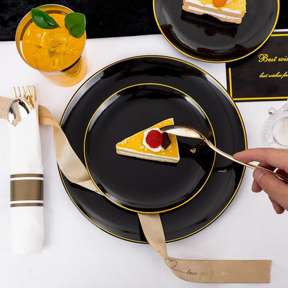 KIRE 350 PCS Plastic Dinnerware Set for 50 Guests - Black and Gold Plates 50 for Dinner 50 for Dessert & 50 Pre Rolled Napkins with Disposable Silverware 50 Cups for New Year/Banquet/Wedding