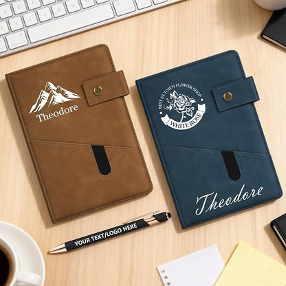 ENOMY Personalized Notebook & 10 PC Pens Set A5 Notebook with Ribbon Bookmark PU Leather Custom Notebook Cover for College Graduation Birthday Business Gifts, Khaki