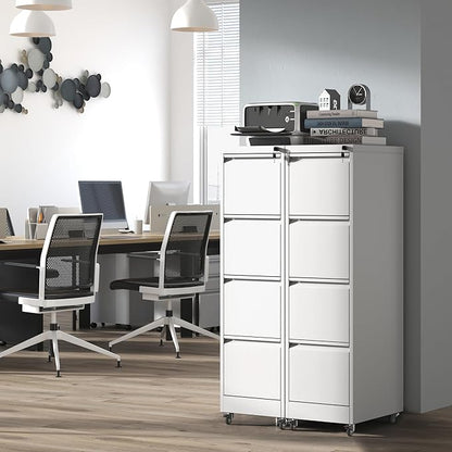 IKIMI 4 Drawer Locking File Cabinet with Wheels,White Metal Mobile Filing Cabinets,Vertical File Cabinet for Home Office,Heavy Duty Rolling Storage Cabinet for A4/Letter/Legal Size,Assembly Required