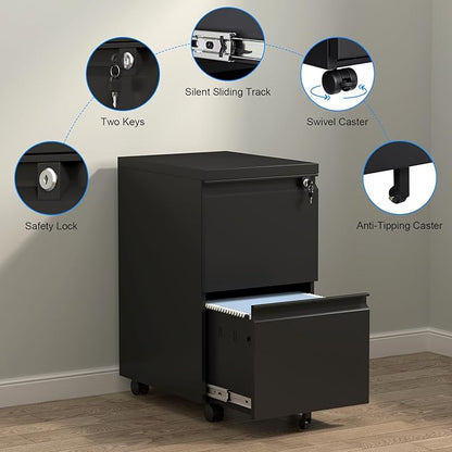 HOMOFFICE 2 Drawer File Cabinet with Lock, Metal Mobile Filing Cabinet on Wheels, Compact Desk Side Storage Cabinet for Home Office, Letter/Legal/A4 File Organizer with Anti-Tip Wheel (Black)
