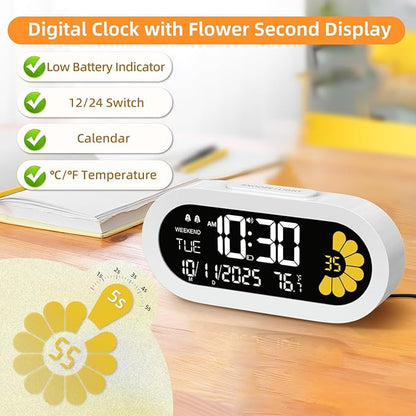 DOOMAY Digital Alarm Clock for Bedroom: Dual Alarm Bedside Clock VA LCD Display with Seconds, 9-Minute Snooze and Weekend Mode, 3 Brightness, 4 Alarms and 3 Volume Levels，Type C & Battery Included