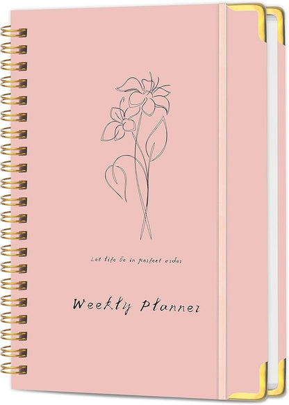 Undated Weekly Planner with Metal Corner Hardcover Notebook , A5 Size Journal with To Do List Planner, Habit Tracker,Weekly Goals for ADHD,Student, Office, Women, Men ,Gifts,6 x 8 inches，Spiral Bindding ,Pink