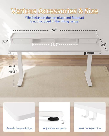 YIHAYO Electric Standing Desk with Drawers, 60 x 24 Inches Adjustable Desk with Storage Shelf, Computer Table with Splice Board for Home Office,White Frame/White Top
