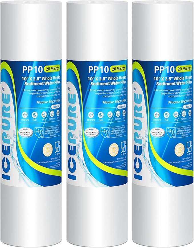 ICEPURE 10"X2.5" 20 Microns Whole House Sediment RO System Water Filter Replacement for Any 10 inch RO Unit, Dupont WFPFC5002, Aqua Pure AP110, Culligan P5, GE FXUSC, Whirpool WHKF-GD05 PP10-05, 3PACK