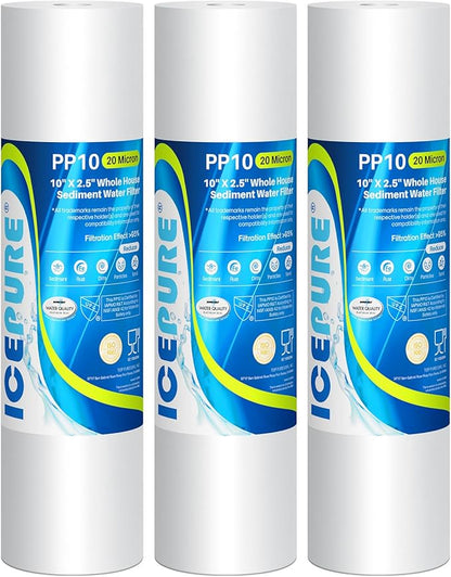 ICEPURE 10"X2.5" 20 Microns Whole House Sediment RO System Water Filter Replacement for Any 10 inch RO Unit, Dupont WFPFC5002, Aqua Pure AP110, Culligan P5, GE FXUSC, Whirpool WHKF-GD05 PP10-05, 3PACK