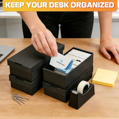 QLOUNI Business Card Storage Box 4 Pack, Business Card Holder Case with Lids & 112 Index Dividers, Holds 3200 Cards Total, Desk Business Card Organizer, Black Card Index & Recipe Card Storage