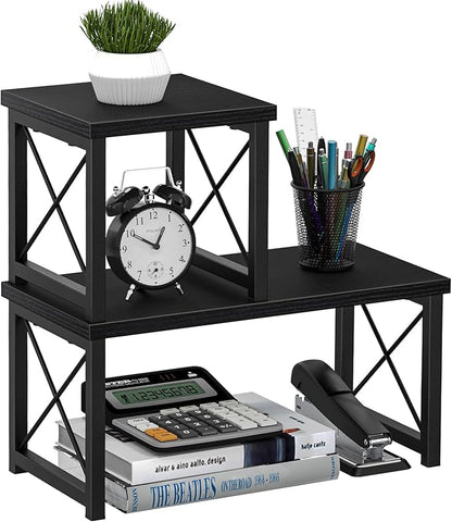 Honiter Desk Shelf Desktop Organizer 2 Tier Wood Small Bookshelf,Rustic Brown Freestanding Adjustable, Organizer, Stackable, Desk Stand, Storage Organizers, Kitchen Counter Display Rack