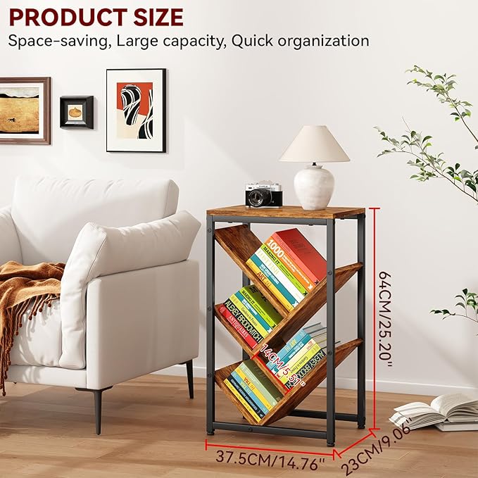 IBUYKE 5 Tier Tree Bookshelf, Small Desktop Bookshelf with Storage Organizer,for Books/CDs/Movies,Desk Display Bookcase for Bedroom Living Room,Rustic Brown,TBC003H