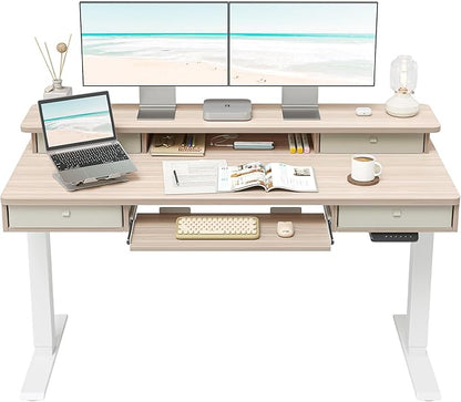 FEZIBO 55'' x 24" Height Adjustable Electric Standing Desk with 4 Drawers and Keyboard Tray, Home Office Table for Work, Study, Gaming, Writing, Light Walnut