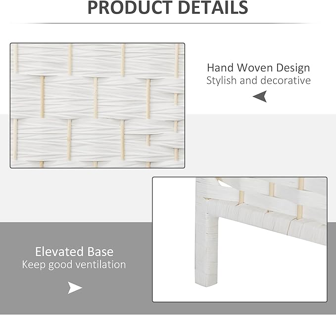 HOMCOM Room Divider, 4 Panel Folding Privacy Screen, 6FT Tall Portable Wicker Weave Partition Wall Divider for Bedroom, Home Office, White