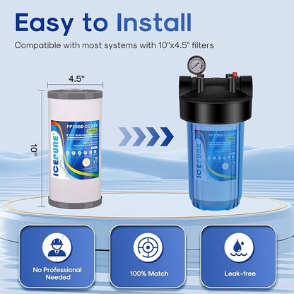 ICEPURE 5 Micron 10" x 4.5" Whole House Sediment Activated Carbon and KDF Water Filter Compatible with GE FXHTC, GXWH40L, RFC-BBSA W50PEHD Whirlpool WHKF-GD25BB GXWH35F GNWH38S Dupont WFHD13001, 2PACK