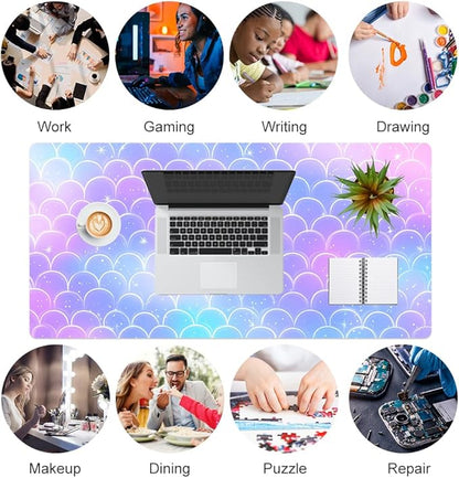 QIYI Multifunctional Office Desk Pad, Water-Resistant PU Leather Mouse Pad, Home Décor Large Desk Organizer Mat, Non Slip Base Writing Pads for Home & Office 31.5" x 15.7" - Mermaid Scales