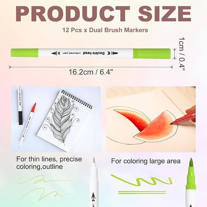PATIKIL 12Pack Dual Brush Markers, Yellow Green Watercolor Fine and Brush Tips Pens Colored Marker Calligraphy Coloring Art Supplies Set for Coloring Book Illustration Sketching Journaling