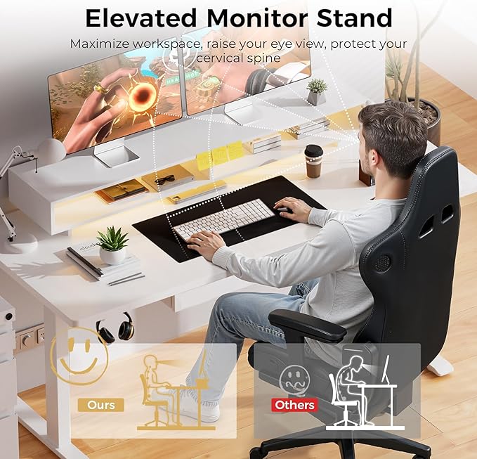 GTPLAYER Electric Standing Desk with Drawers, 55 x 24 Inch Height Adjustable Gaming Desk with Monitor Stand, Power Outlets & LED Lights, Home Office Sit Stand Up Desk with Memory Preset (White)
