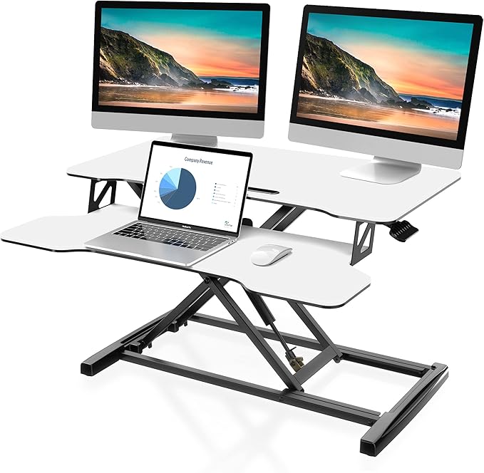 FITUEYES Height Adjustable Standing Desk 32” Wide Sit to Stand Converter Stand Up Desk Tabletop Workstation for Laptops Dual Monitor Riser White SD308003WW