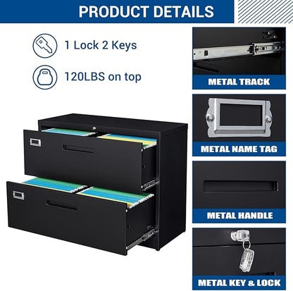 Fesbos Lateral File Cabinet with Lock, 2 Drawer Large Metal Filing Cabinet,Home Office Lockable Storage Cabinet for Hanging Files Letter/Legal/F4/A4 Size-Assembly Required