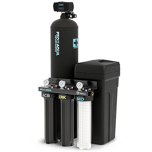 PRO+AQUA Elite Whole House Water Filtration System + 55,000 Grain Water Softener Bundle | PRO-E-S55E | Well Water Filtration for 5–7 Person Homes