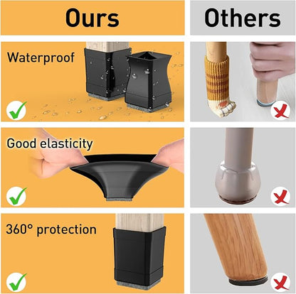 Square Chair Leg Protectors for Hardwood Floors, 16 Pcs Silicone Felt Furniture Leg Cover,Black.1.575" to 1.811".