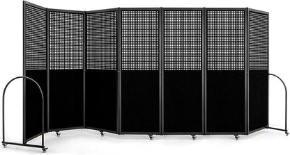 Folding Room Partition,Freestanding Privacy Divider,Portable Office Divider Wall,Commercial Space Partition Screen,Perforated Felt Panel Design,18'5"W x 6'7"H,7 Panel,Black