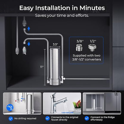Waterdrop AP13 Under Sink Water Filter and Refrigerator Water Filter 2-in-1 | Reduce PFOA/PFOS, NSF/ANSI 42 Certified, No Drilling Required, Inline Water Filter System for Refrigerator and Undersink