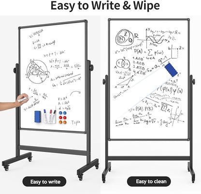 48x32inches Mobile Whiteboard - Adjustable Height, Standing Whiteboard on Wheels, Double-Sided Magnetic Dry Erase Board for Office, Home, Classroom