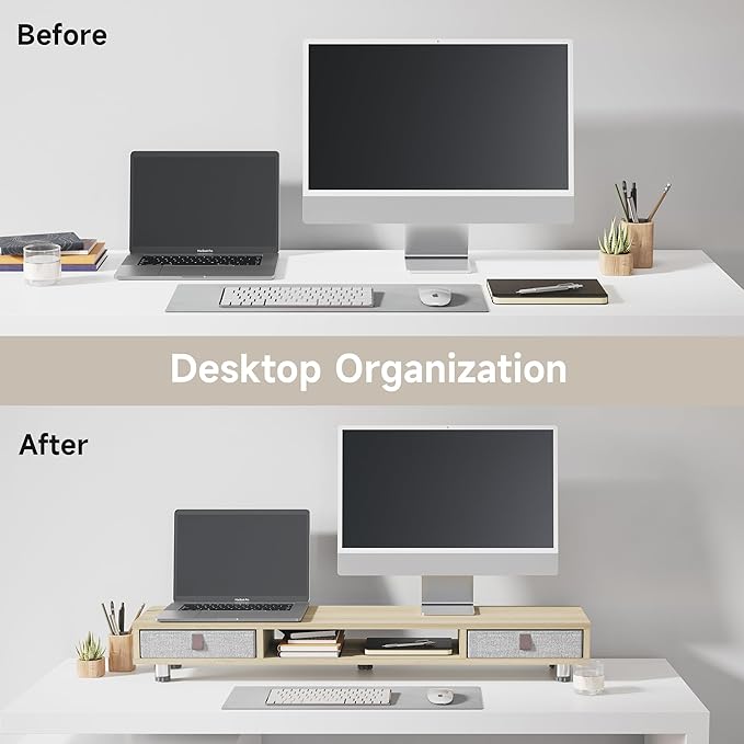 Fenge Monitor Stand, Dual Monitor Stand with 2 Drawers, Monitor Riser for 2 Monitors, Adjustable Height Computer Stand, Office Monitor Stands for Desk, Laptop, PC, TV, Printer