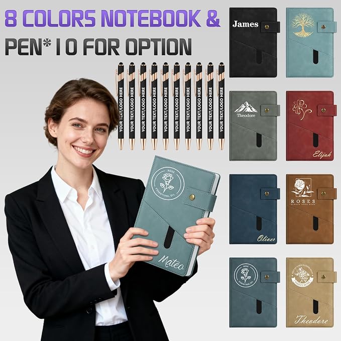 ENOMY Personalized Notebook & 10 PC Pens Set A5 Notebook with Ribbon Bookmark PU Leather Custom Notebook Cover for College Graduation Birthday Business Gifts, Khaki