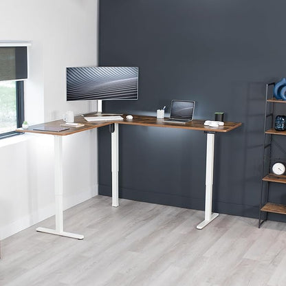 VIVO Electric Corner 75 x 63 inch L-Shaped Standing Desk, Memory Height Adjustment, Rustic Vintage Brown Top White Frame, DESK-E3CTWN-75