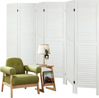 6 Panel Room Dividers and Folding Privacy Screens, Divider for Room Separation, Wood Louvered Divider Wall, Wooden Partition for Home Office Bedroom (White-Washed)