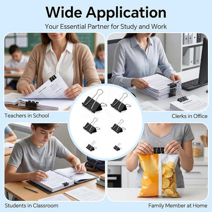228 PCS Binder Clips Assorted Sizes, Extra Large Medium Small Mini and Micro, Metal Paper Binder Clip Black,Paper Clamps, 6 Sizes for Office Supplies, School and Home