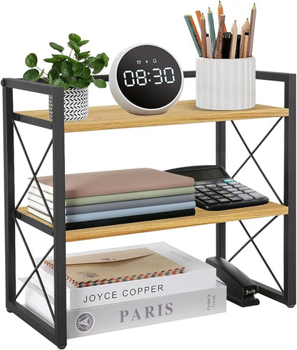 YINMIT Desktop Shelf Organizer, 2 Tier Office Shelves, Wood Desk Organizer Storage Rack and Freestanding Display Shelf for Office, Dormitory, Home (Black Wood)