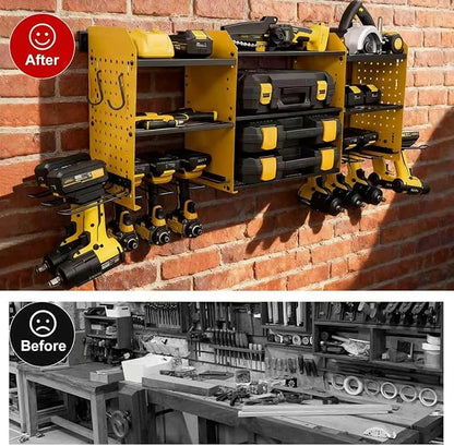 Large Power Tool Organizer Wall Mount with Charging Station, Heavy Duty Cordless Drill Holder, Garage Tool Storage Battery Rack with 8 Outlet, Gift for Men Husband Dad Birthday Anniversary Yellow