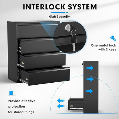 Pataku 4 Drawer File Cabinet with Lock, Metal Lateral File Cabinets for Home Office 4 Drawer, Locking Filling Cabinets for Hanging Files Letter/Legal/F4/A4 Size (4Drawer/Black)