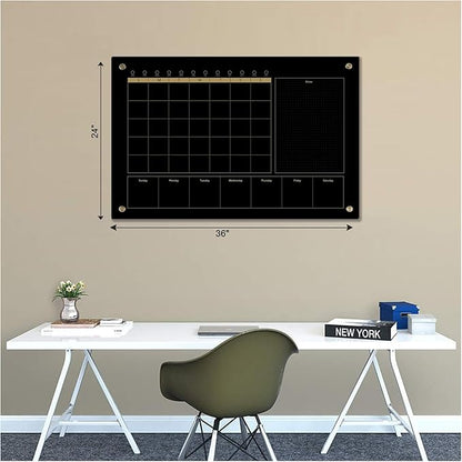 Black Glass 3-1 Monthly Dry Erase Calendar Whiteboard for Wall,24"x 36",Frameless Mounting,Office/School/Home, Frameless Large Planner White Board