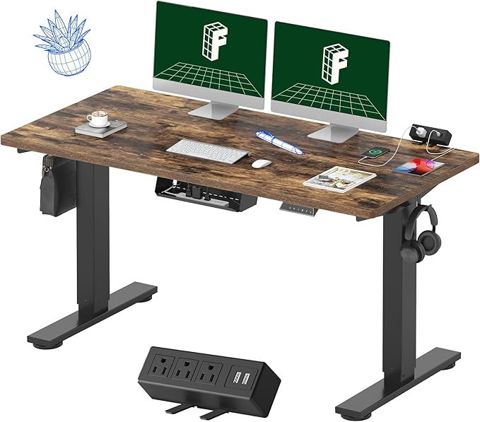 FLEXISPOT EN2 Whole-Piece Standing Desk with Clamp Power Strip, 55 x 28 Electric Stand Up Height Adjustable Desk with Cable Management (Black Frame + 55" Rustic Brown Desktop, 2 Packages)