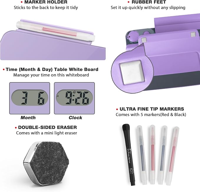Small Glass Desk Whiteboard Dry-Erase Board with Clock, Small Travel Clock Keychain with Desk Notepad, Time Table Whiteboard for Desk Digital LED Light Display, 8x6 in with Accessories, Purple