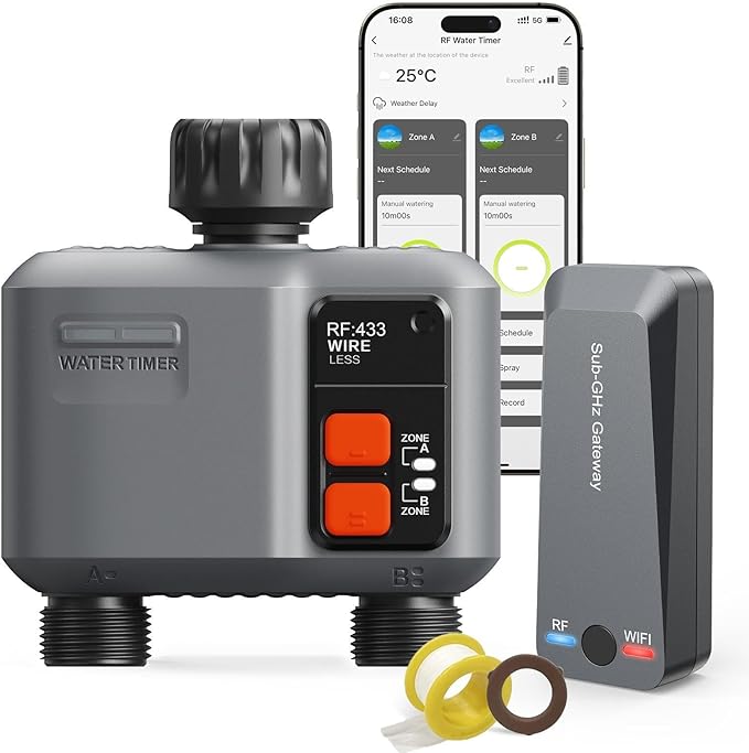 WiFi Sprinkler Timer 2 Zone with 984 Feet RF Gateway, 2 Outlet Smart Water Timer for Garden Hose with Rain Delay/Manual/Automatic,WiFi Water Hose Timers for Garden & Lawns