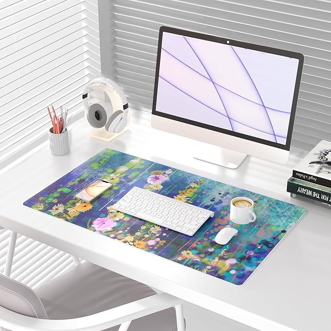 QIYI Large Desk Pad, Waterproof PU Leather Mouse Pad for Desktop, Blue Green Floral Home Décor Office Desk Accessories, Non Slip Desk Mat Writing Pads for Home Office 31.5" x 15.7" - Ivy Flowers