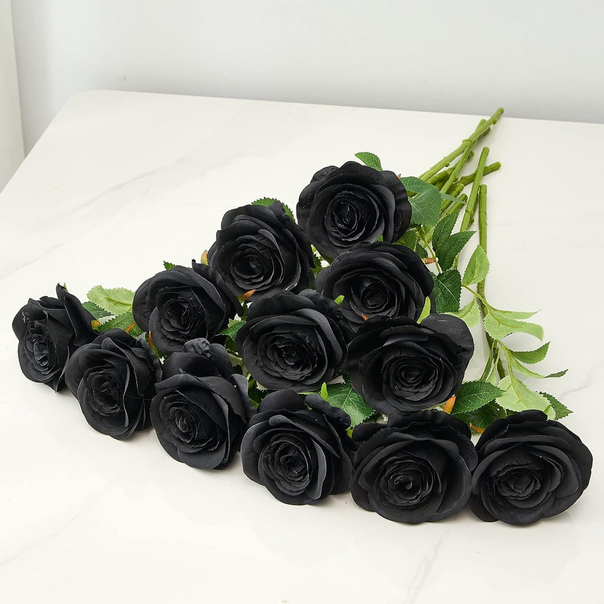 12PC Black Roses Artificial Flowers Fake Roses Silk Realistic Roses Bouquet Flowers with Long Stems for Wedding Home Party Centerpieces Decorations
