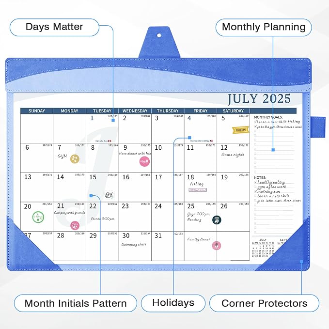 Ospelelf Leather Desk Calendar 2025-2026 Large 12"x17" Monthly Planner Pad with Protective Cover 18 Months July 2025 to Dec 2026 Blue