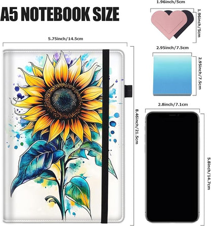 Hardcover Executive Notebooks, A5 PU Leather Lined Journal Notebook, 200 Pages Thick Paper Subject Notebooks for School,Work,Home Writing Business Notebook, Diary Book ，Watercolor Sunflower