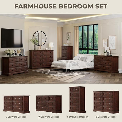 VVFLU Farmhouse 6 Drawer Dresser for Bedroom, 54" Wide Wood Dresser with Natural Texture, Rustic Chest of Drawers for Bedroom with Vintage Metal Hands, for Living Room, Hallway, Cherry