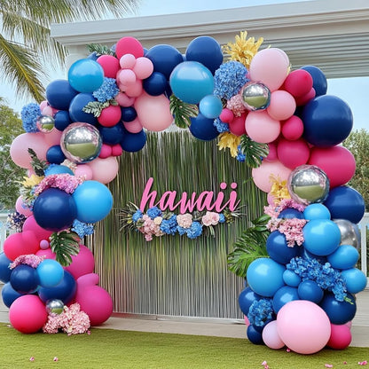 Navy Blue Pink Balloon Garland Double Stuffed Dark Blue Hot Pink Silver Balloons Royal Pastel Balloon Arch Kit for Birthday Gender Reveal Baby Shower Graduation Hawaii Party Decorations